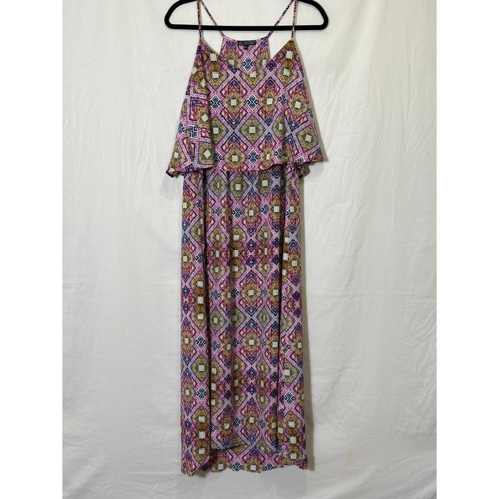 BeBop Women's BOHO Racer Back Ruffled Maxi Skirt Size L Geometric Design